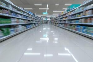 Supermarket aisle in motion blur. Abstract background and texture for design. photo