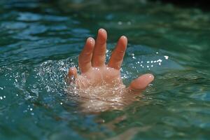 hand of a drowning or emerging person reaches out from under the water photo