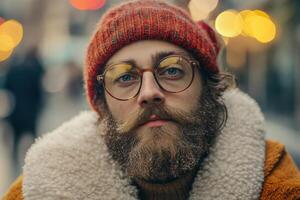 Trendy Hipster Santa Claus Holding a Coffee Cup in a Cozy Christmas Setting photo
