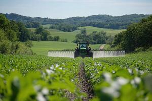 Tractor Spraying Crops on a Farm Field for Agricultural Use and Analysis photo