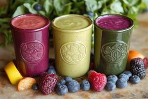 Three Colorful Smoothies in Glasses for Healthy Lifestyle and Nutrition photo