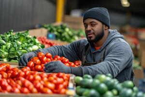 Warehouse Worker Efficiently Organizing Fresh Produce for Optimal Stock Management photo