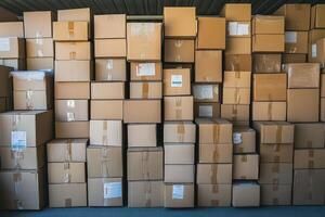Warehouse Shelves Stacked with Cardboard Boxes for Storage Solutions and Logistics Management photo