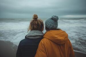 Heartwarming Moment of Two Friends Embracing While Enjoying a Scenic View photo