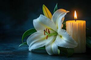 Elegant White Lily with a Candle Captured Against a Dark Background for Serene Ambiance and Spiritual Reflection photo