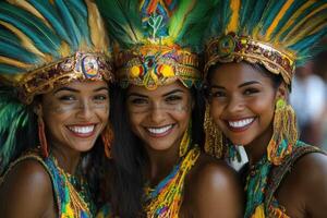 Three Joyful Women Smiling Together in Colorful Brazilian Attire Perfect for Celebrating Culture and Unity photo