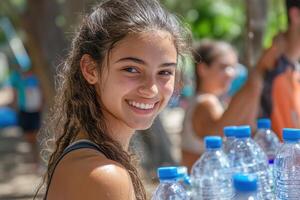 Dedicated Volunteer Distributing Water Bottles in a Community Event to Quench Thirst photo