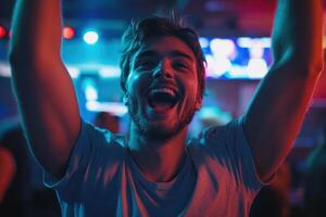 Victorious Esports Player Celebrating at a Gigapixel Event Capturing the Thrill of Competitive Gaming photo