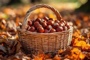 Wicker Basket Filled with Chestnuts Perfect for Autumn Recipes and Crafts photo
