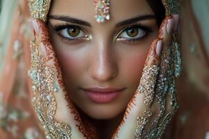 Captivating Traditional Moroccan Bride Dressed in Elaborate Finery for Cultural Ceremonies photo