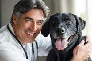 Veterinarian Providing Care to a Happy Dog in a Bright Clinic Environment photo