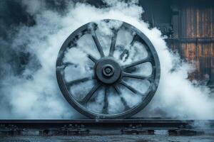A Majestic Wheel Enveloped in Dramatic Smoke and Steam for Dynamic Visuals photo