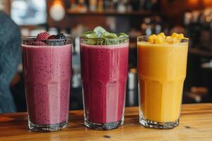 Three Refreshing Smoothies in Glasses Perfect for Health and Fitness Marketing photo
