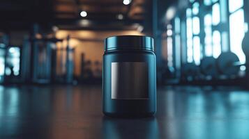 High-performance supplement jar mockup mockup in modern gym setting photo