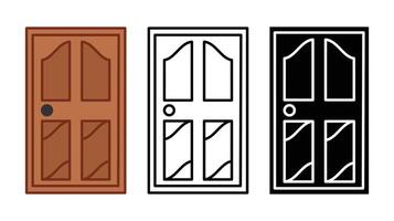 Simple, stylized illustrations of a wooden door in three variations. a colored version, a black and white line drawing, and a solid black version vector