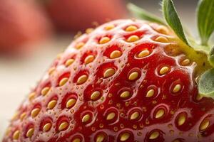 An extreme close-up showcasing the intricate details of a strawberry s surface, focusing on its tiny yellow seeds photo