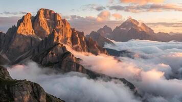 A breathtaking view of a mountain range at dawn, with golden sunlight piercing through a thick blanket of fog photo