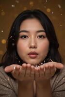 Asian woman blowing glitter into the air, surrounded by sparkles photo