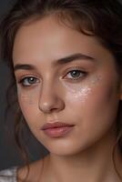 Slightly tilted view of A person with glitter and sparkles scattered across their cheeks photo