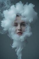 A face emerging from white smoke, surreal and mysterious photo