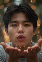 Asian man surrounded by translucent colored spheres photo