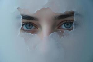 A close-up of eyes looking through a frosted glass photo