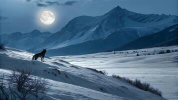 A vast, icy wilderness under the glow of a full moon, With the wolf looking at something photo