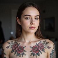 A woman with floral tattoos extending from her face to shoulders photo