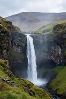 A cascading waterfall tumbles down a rugged cliffside covered in moss, surrounded by the rolling hills photo