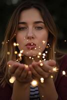 A woman blowing glitter into the air, surrounded by sparkles photo