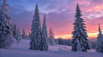 Wide angle view of a Towering pine trees stand covered in thick layers of snow, their branches weighed down by the winter frost photo