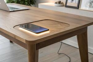 A sleek, modern wooden table with a built-in wireless charging pad, powered by renewable energy photo