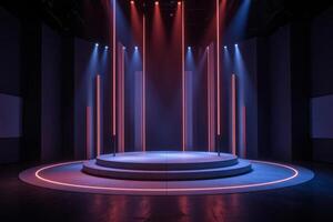 A stage with red and blue lights photo