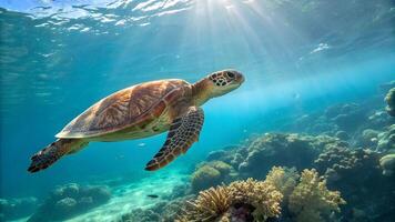 A close-up shot of a sea turtle gliding through the clear waters of the Gulf of America, with coral reefs in the background and sunlight filtering through the water photo