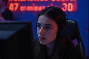 A white girl, 19 years old with long brown hair, wearing a headset in front of a computer screen, in a gaming room photo