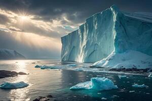 massive glacier slowly carves its way into the frigid ocean, sending icebergs floating into the sea photo