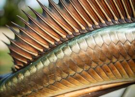 A hyper-detailed close-up of a marlin s tail fin, showing intricate scale textures and the sharp, precise edges of its powerful fin photo