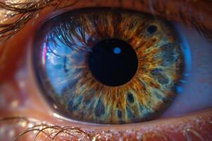 A close up of a human eye with blue and brown iris photo