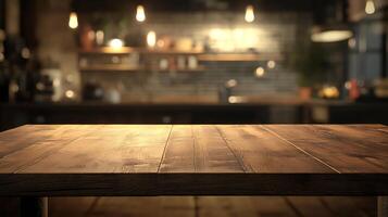 A table with a wooden top and lights in the background photo
