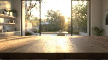 An empty table in front of a large window photo