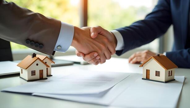 Two businessmen shaking hands over a paper with a house model photo