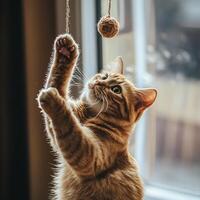 A cat reaching up to play with a ball photo