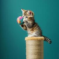 A kitten playing with a ball on a scratching post photo