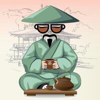 Chinese man at table in national clothes and hat against temple background vector