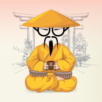 chinese man with cup of tea in national dress and hat against gate background