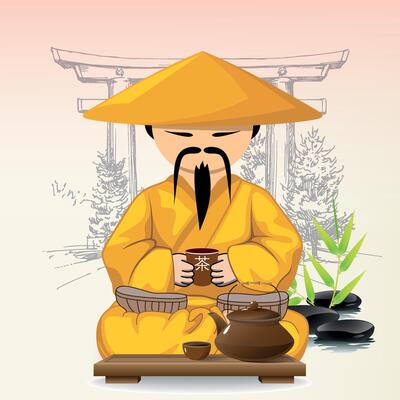 sitting chinese man at table in national chinese clothes and hat against temple background
