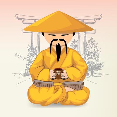 seated chinese man with cup of tea in national dress against gate background