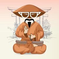 seated chinese man with rosary in hands in national orange clothes and hat against background of trees vector