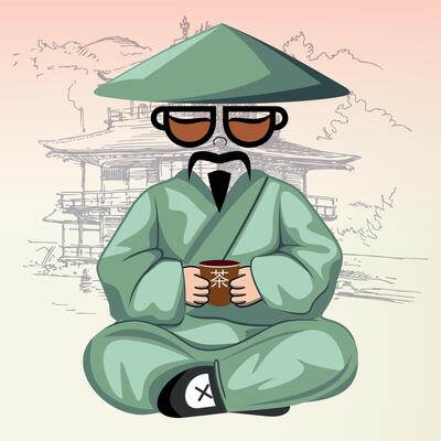 sitting chinese man with cup of tea in national orange clothes and hat against temple background