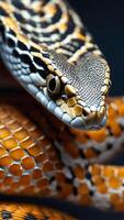 Close-up of snake with intricate golden and black scales. Detailed macro shot of reptile's textured skin and eye photo